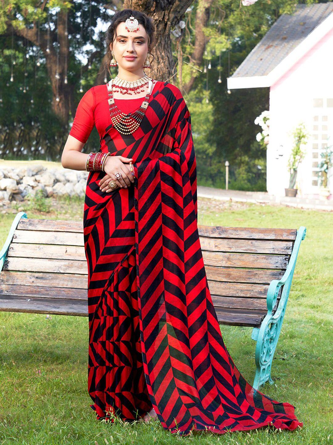 anouk red & black geometric printed poly georgette saree