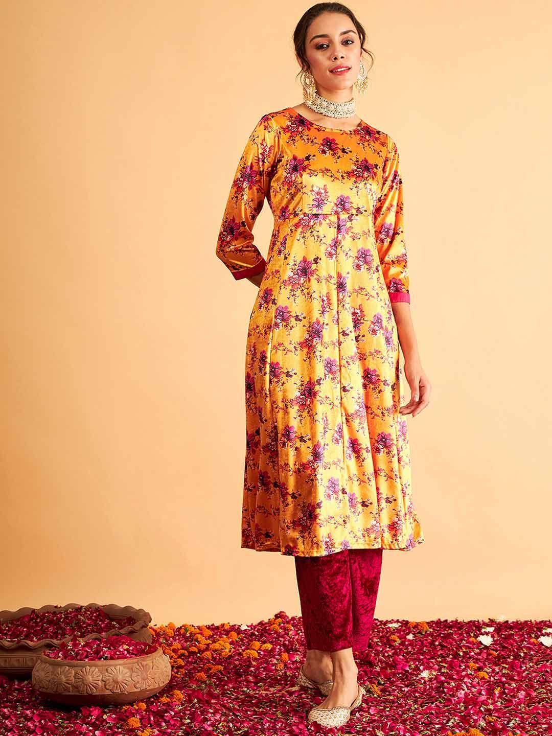 shae by sassafras orange floral printed velvet anarkali kurta