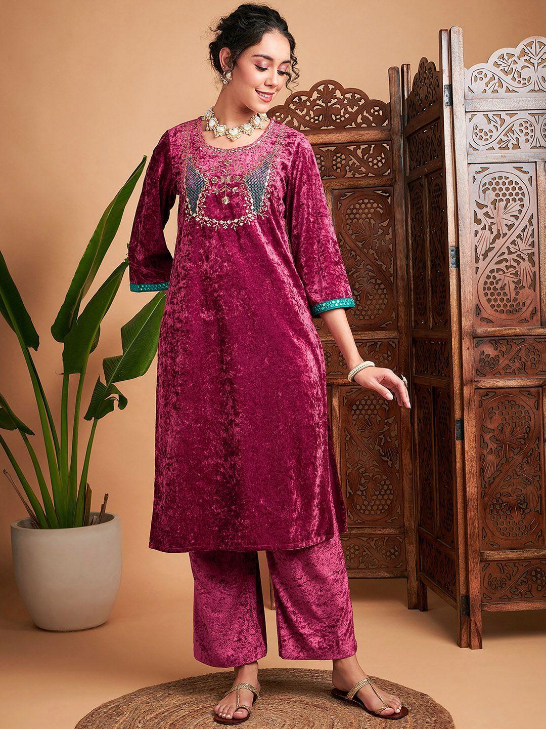 shae by sassafras ethnic motifs embroidered velvet straight kurta