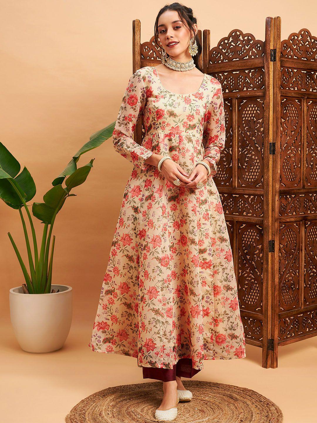 shae by sassafras beige & pink floral printed chanderi silk anarkali kurta