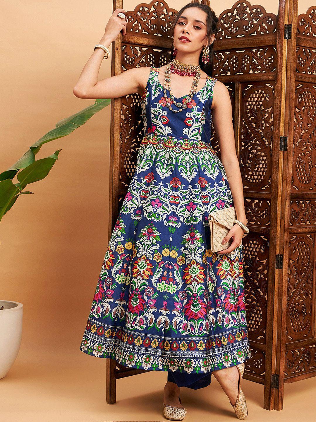 shae by sassafras navy blue & white ethnic motifs printed panelled anarkali kurtarta