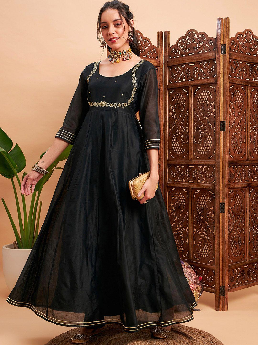 shae by sassafras black ethnic motifs embroidered sequinned chanderi silk anarkali kurta