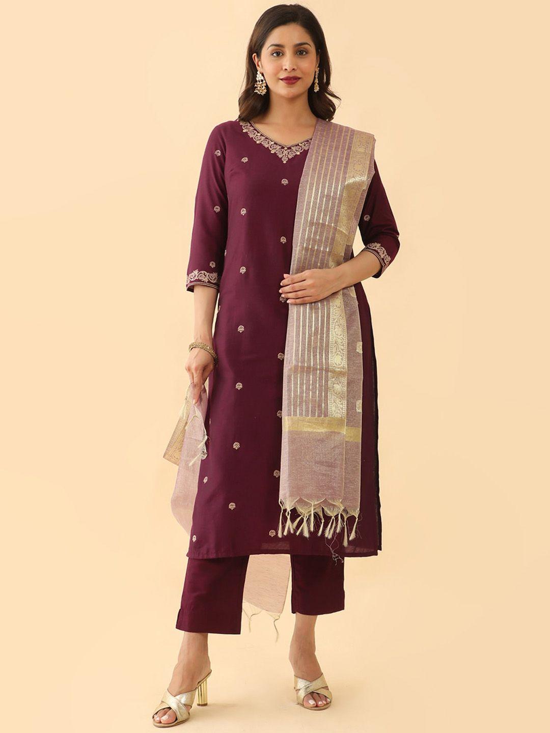 maybell ethnic motifs printed mirror work straight kurta with trousers & dupatta