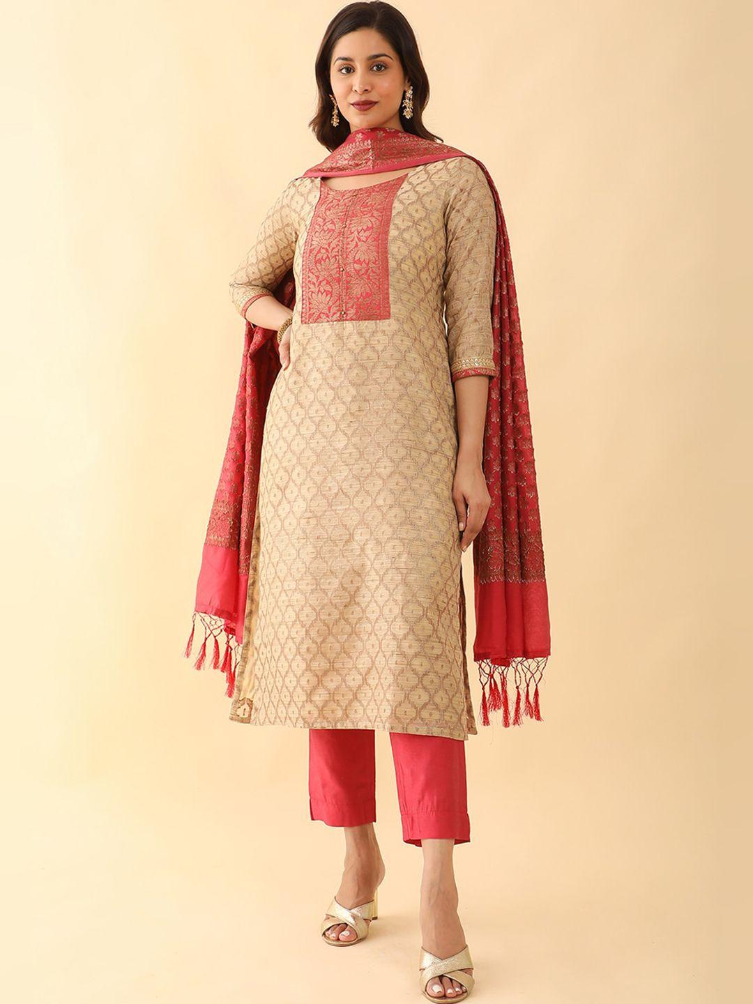 maybell ethnic motifs round neck woven design kurta with trousers & dupatta