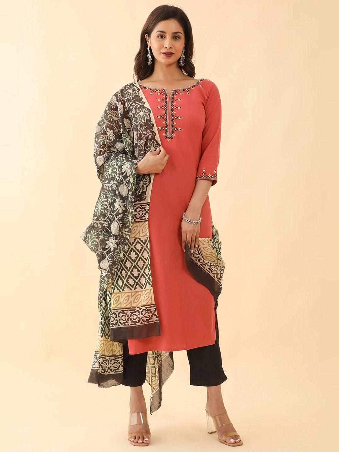 maybell floral yoke design thread work pure cotton kurta with trousers & dupatta