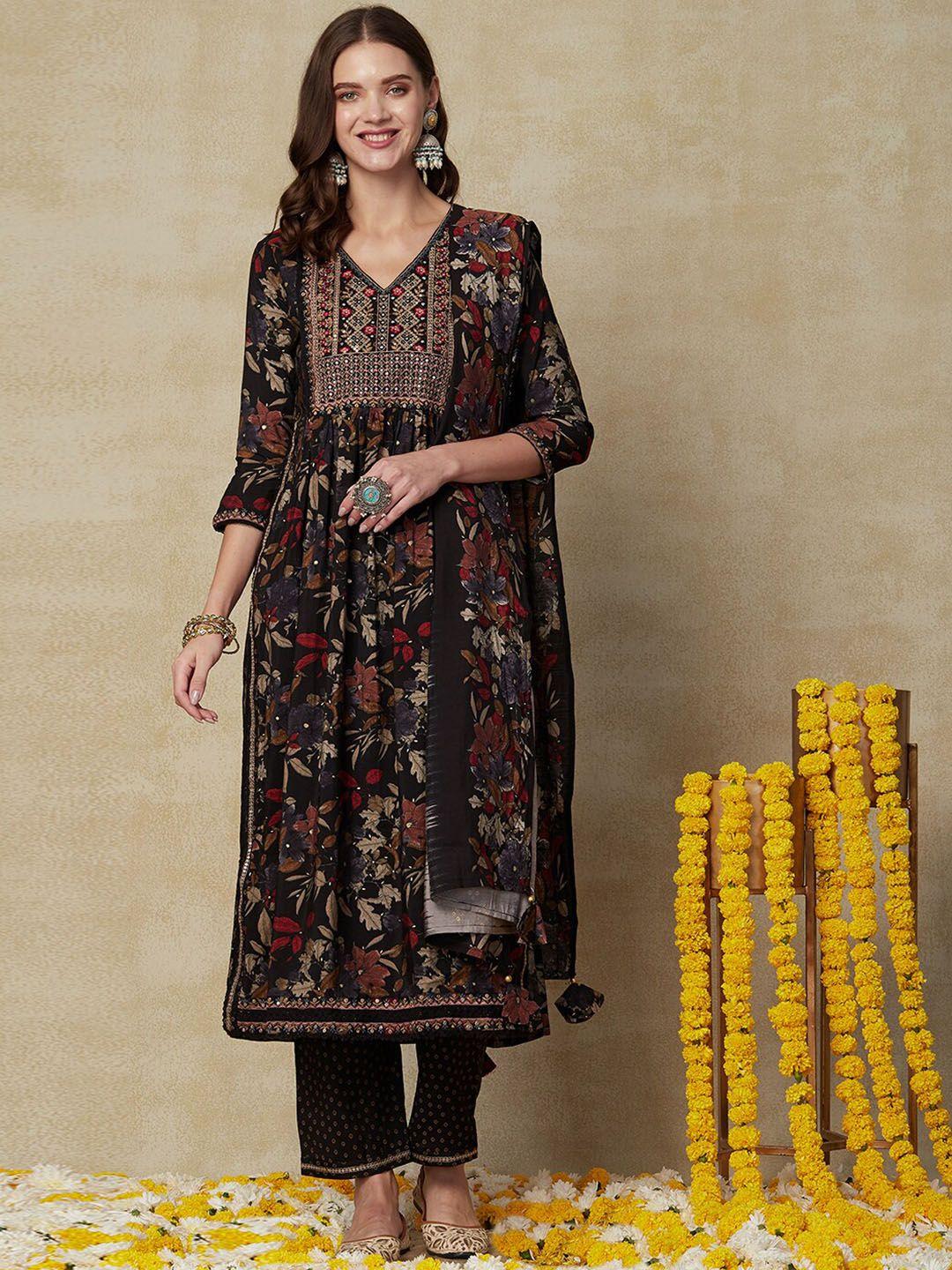 fashor floral printed mirror work kurta & trousers with dupatta