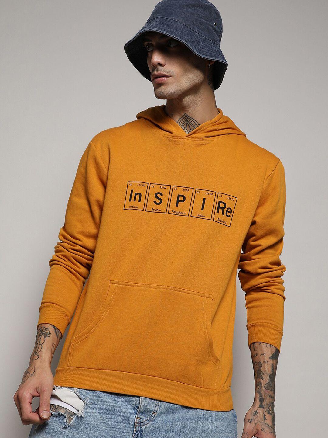 campus sutra mustard typography printed hooded cotton sweatshirt