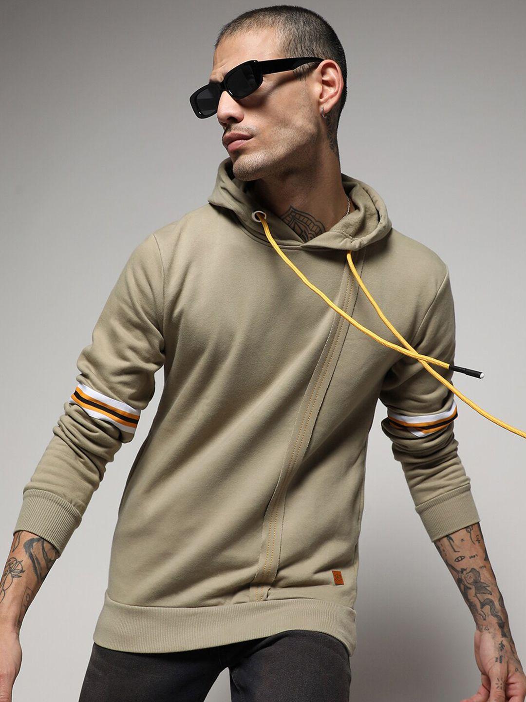 campus sutra beige striped hooded cotton pullover sweatshirt