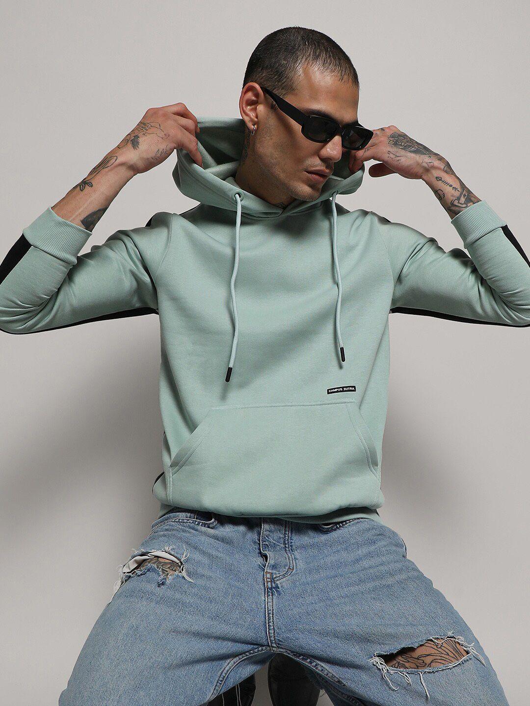 campus sutra sea green colourblocked cotton hooded pullover sweatshirt