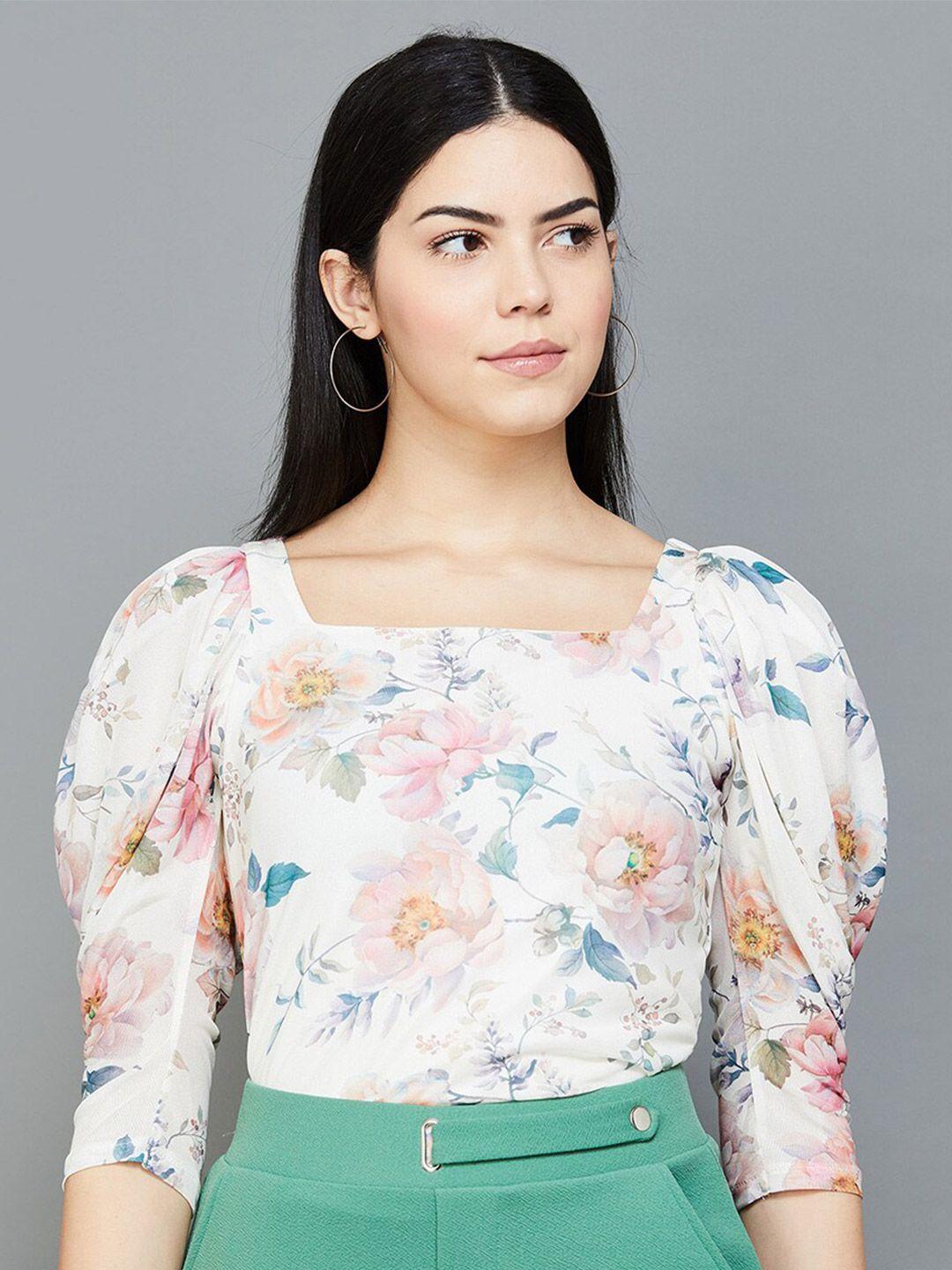 code by lifestyle floral printed square neck puff sleeve top