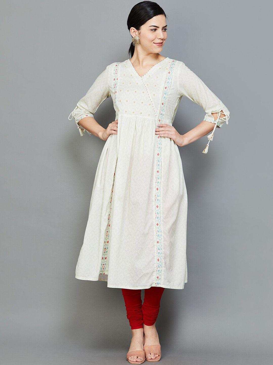 melange by lifestyle floral embroidered v-neck cotton a-line kurta