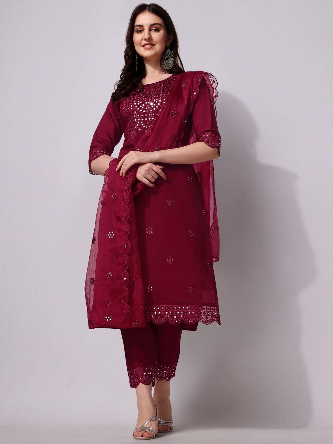 kalini floral embroidered mirror work chanderi cotton kurta with trousers & dupatta