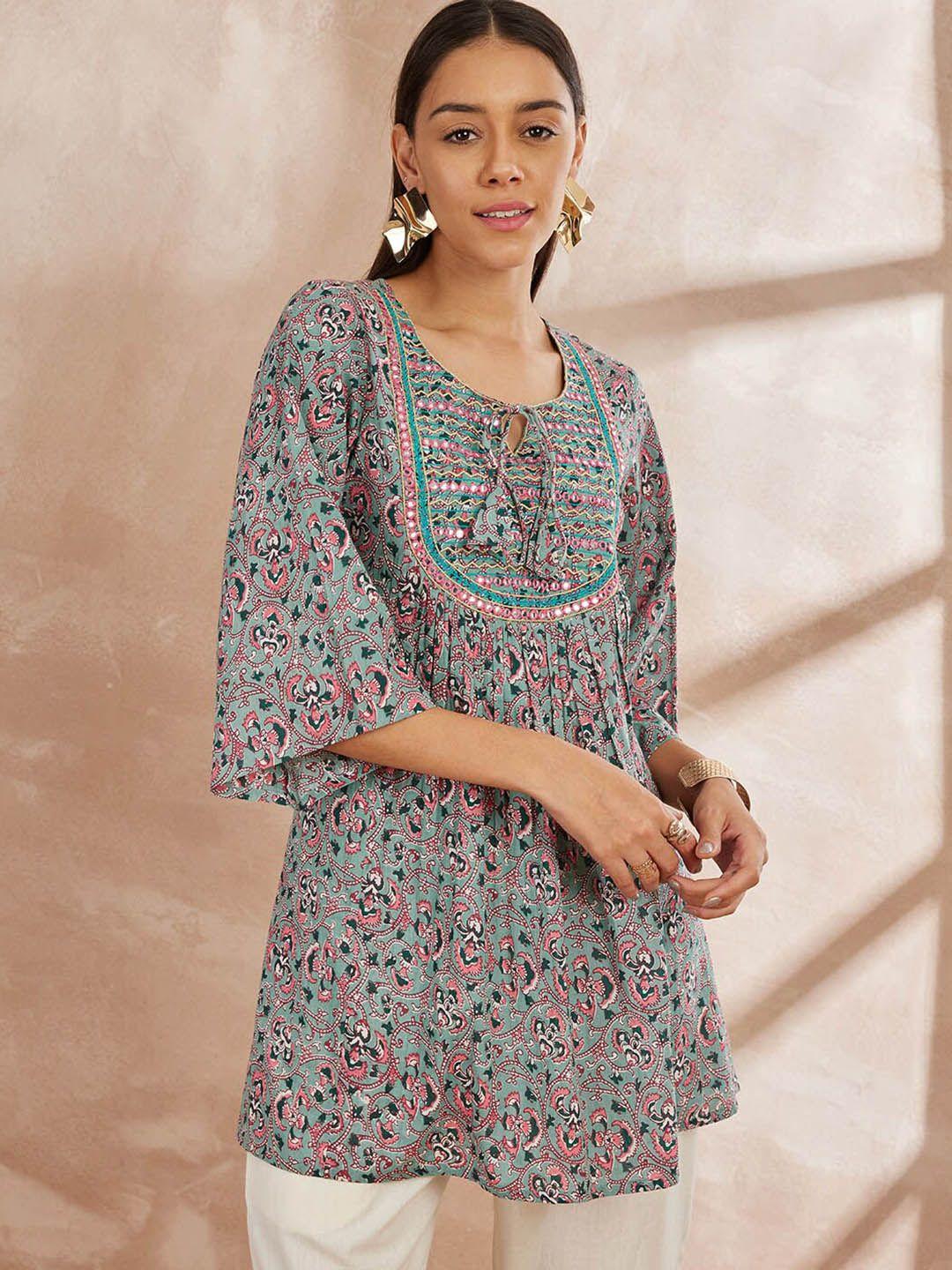 all about you ethnic motifs printed tie-up neck mirror work pure cotton a-line kurti