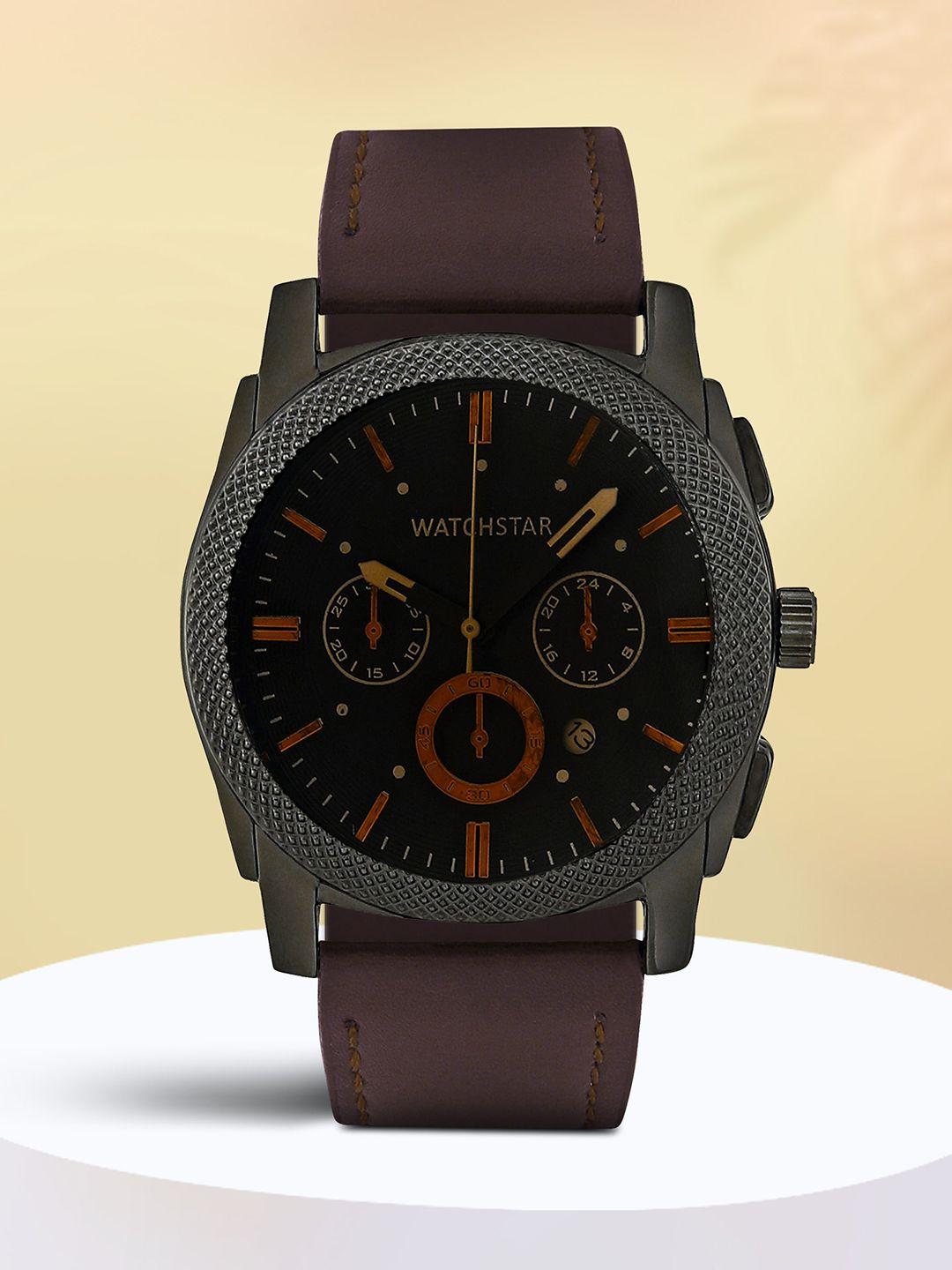 watchstar men textured dial & leather straps analogue watch fl brown