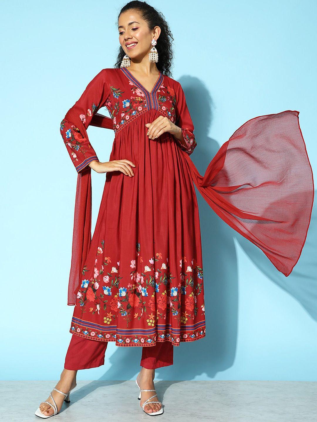 kalini red floral printed empire kurta with trousers & with dupatta