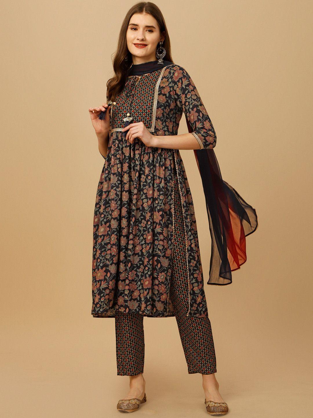 kalini floral printed tie-up neck pleated straight kurta & trousers with dupatta