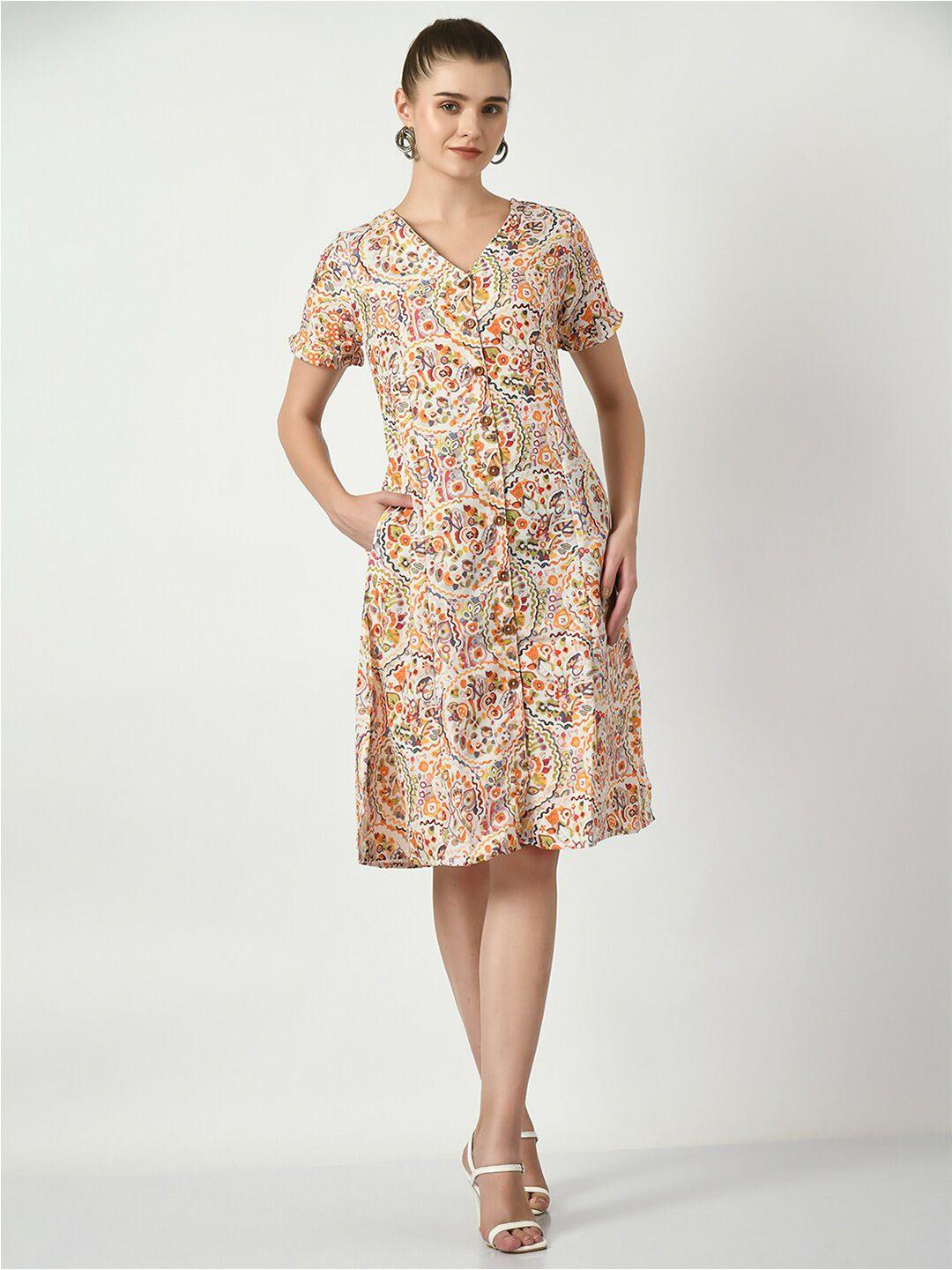 dressberry cream coloured abstract printed v-neck linen a-line dress