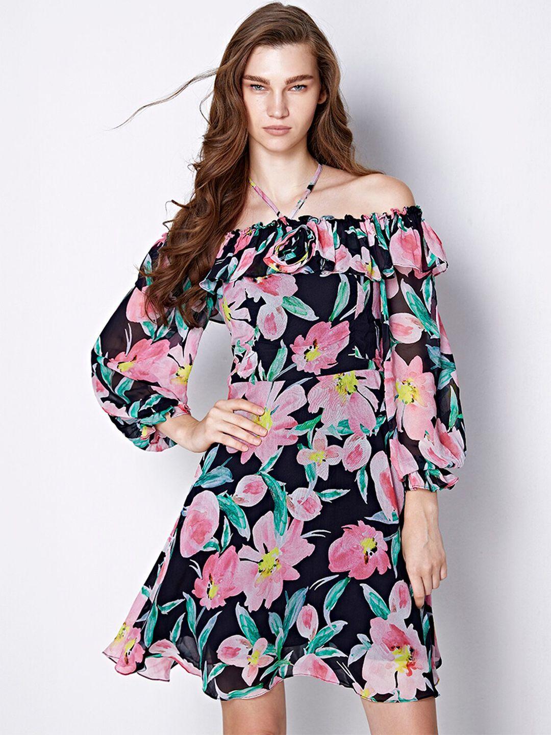 cover story floral printed off-shoulder puff sleeve fit & flare dress