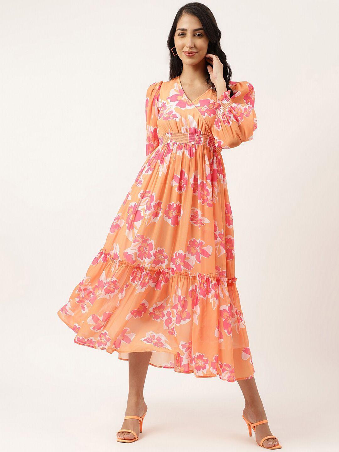 masakali.co floral printed puff sleeves gathered georgette fit & flare midi dress