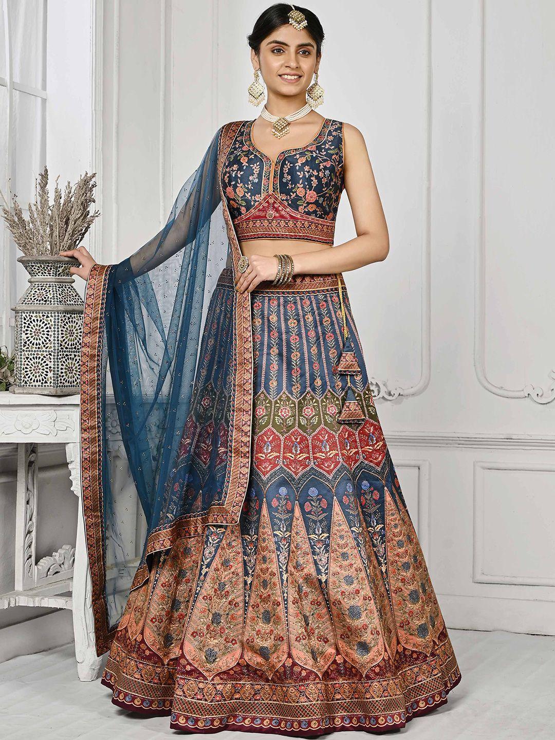 saptrangi printed beads and stones semi-stitched lehenga & unstitched blouse with dupatta