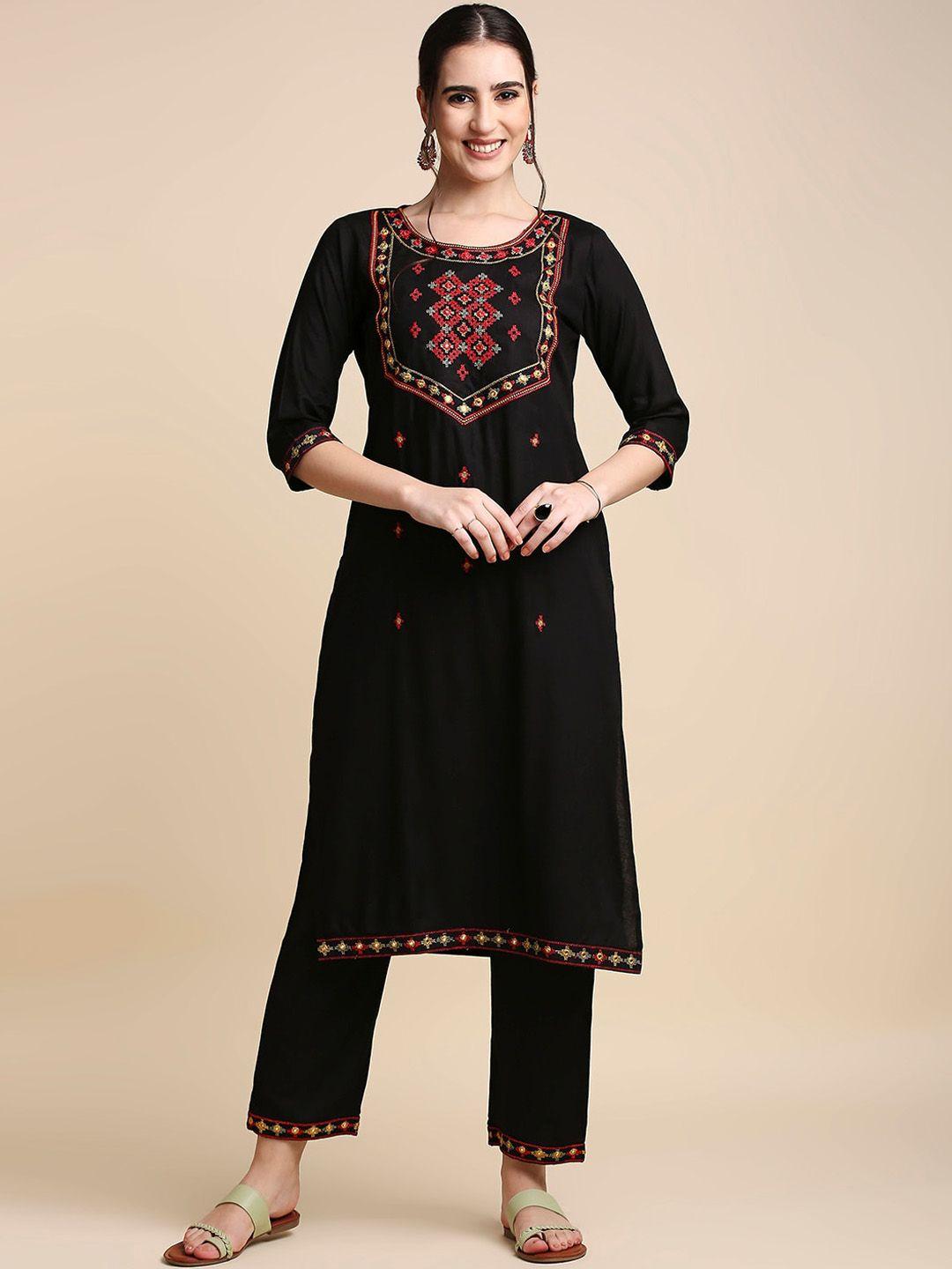 anubhutee ethnic motifs embroidered regular mirror work kurta with trousers