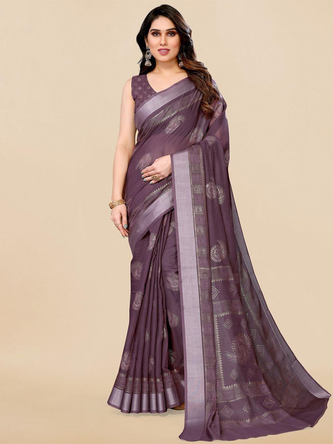 mirchi fashion purple & silver-toned ethnic motifs printed zari saree