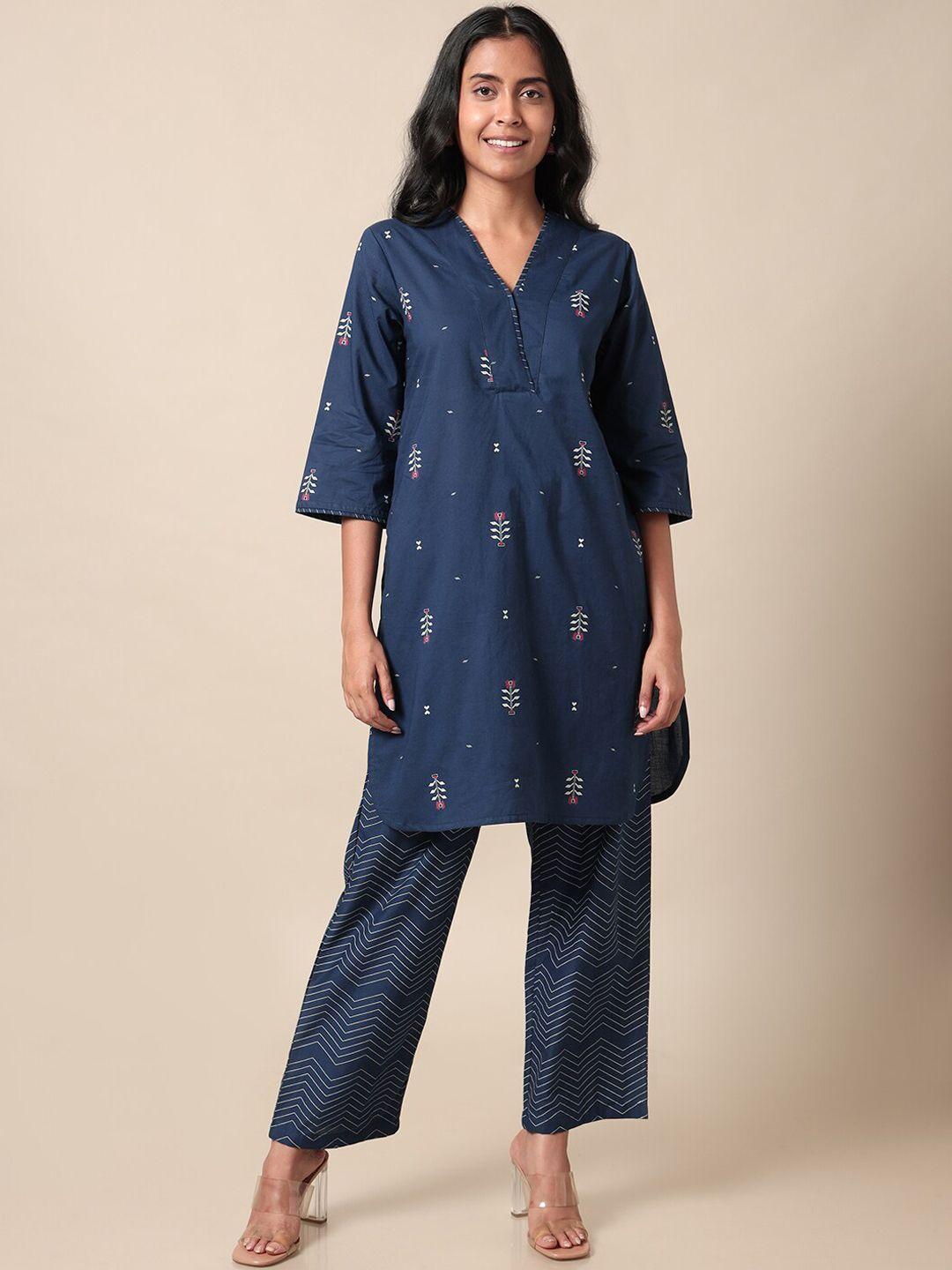 saaki ethnic motifs printed v-neck straight kurta with trousers