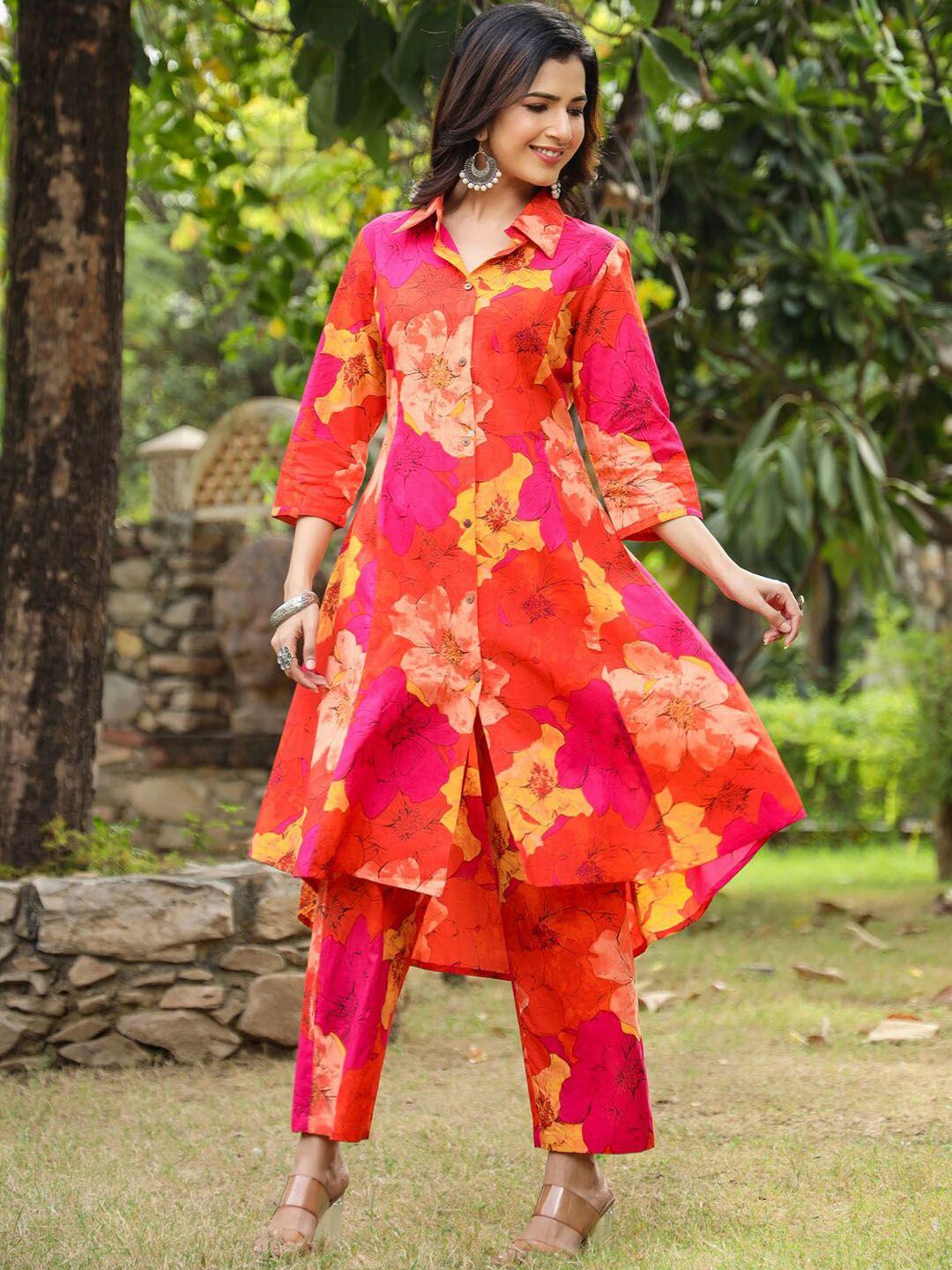 piroh floral printed shirt collar pure cotton a-line kurta with trousers