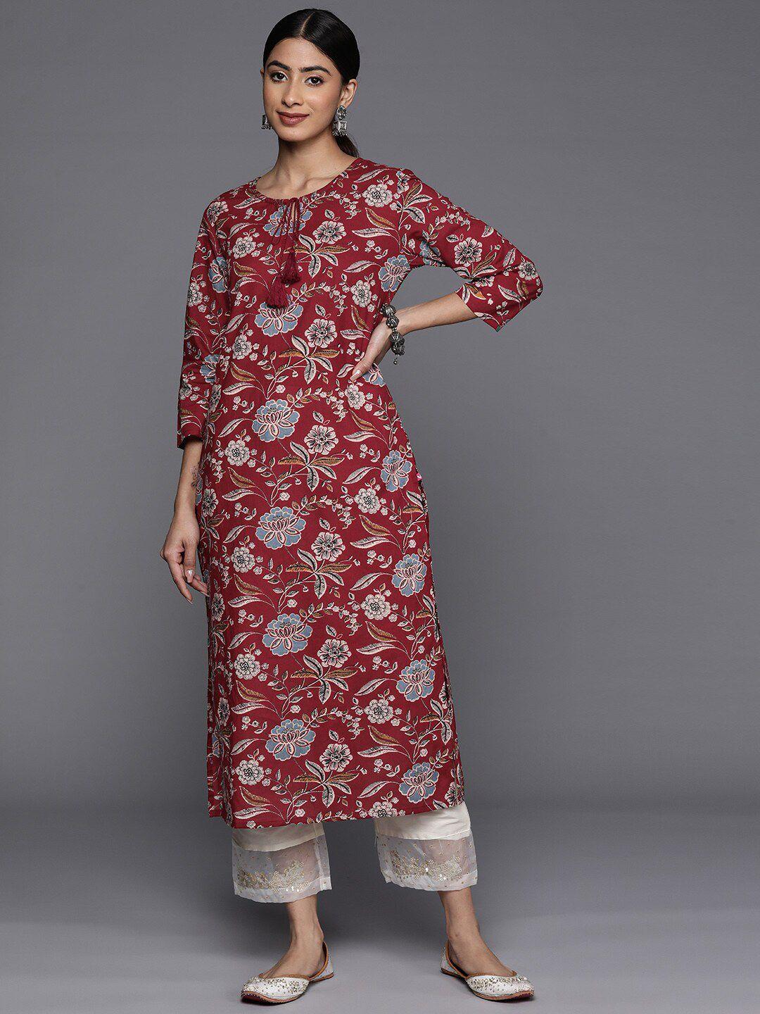 kalini floral printed tie up neck straight cotton kurta