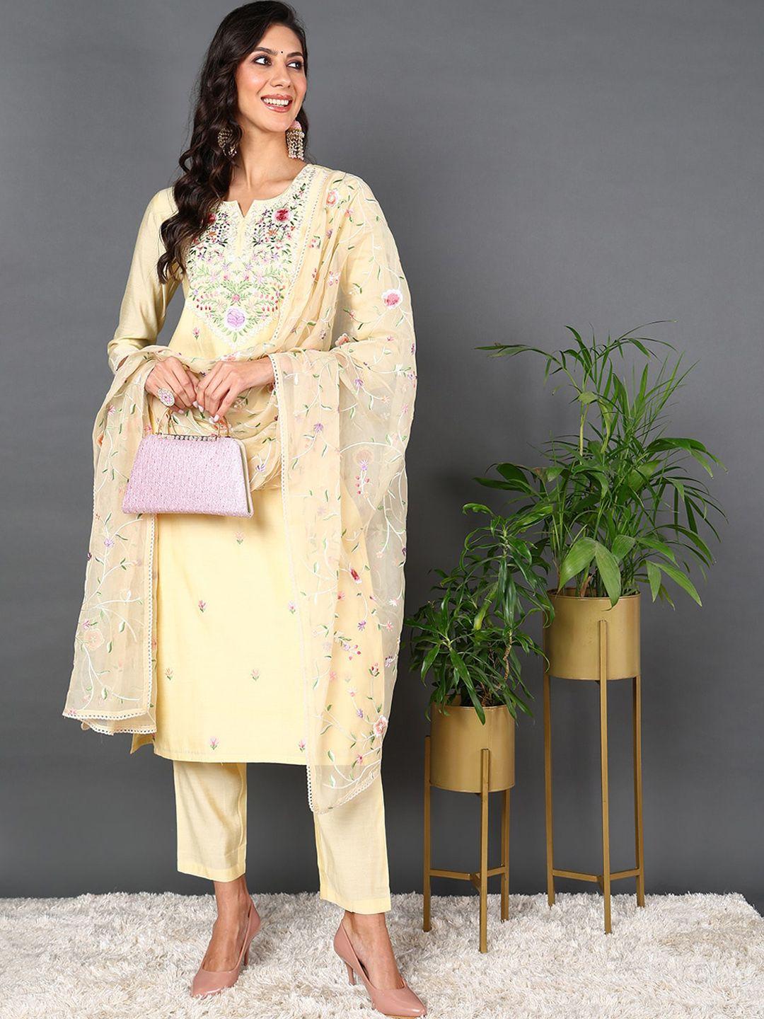 ahika floral embroidered regular thread work straight kurta with trousers & dupatta