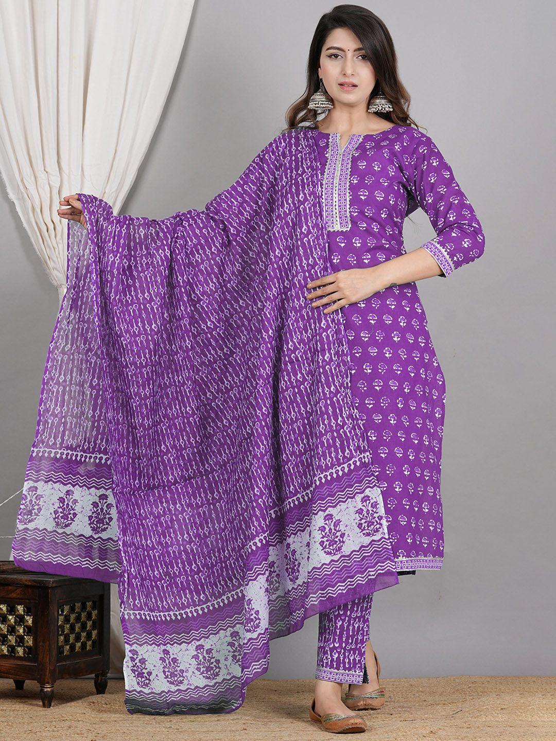 zoyoto women purple floral printed regular gotta patti pure cotton kurta with trousers & with dupatta