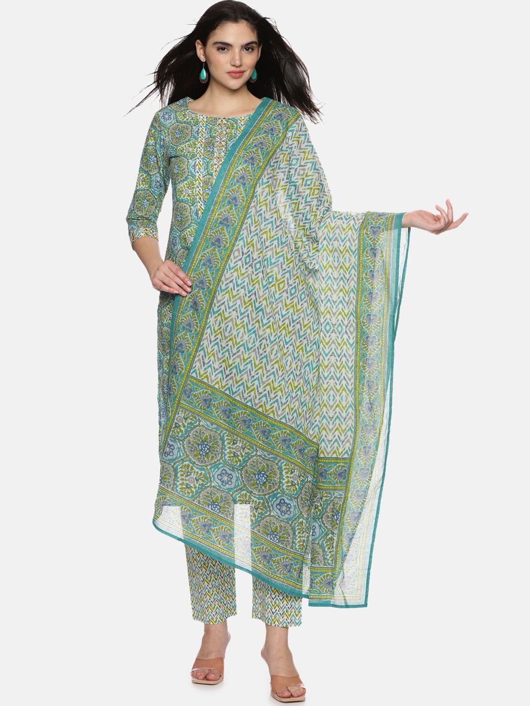 palakh floral printed pure cotton straight kurta with trousers & dupatta