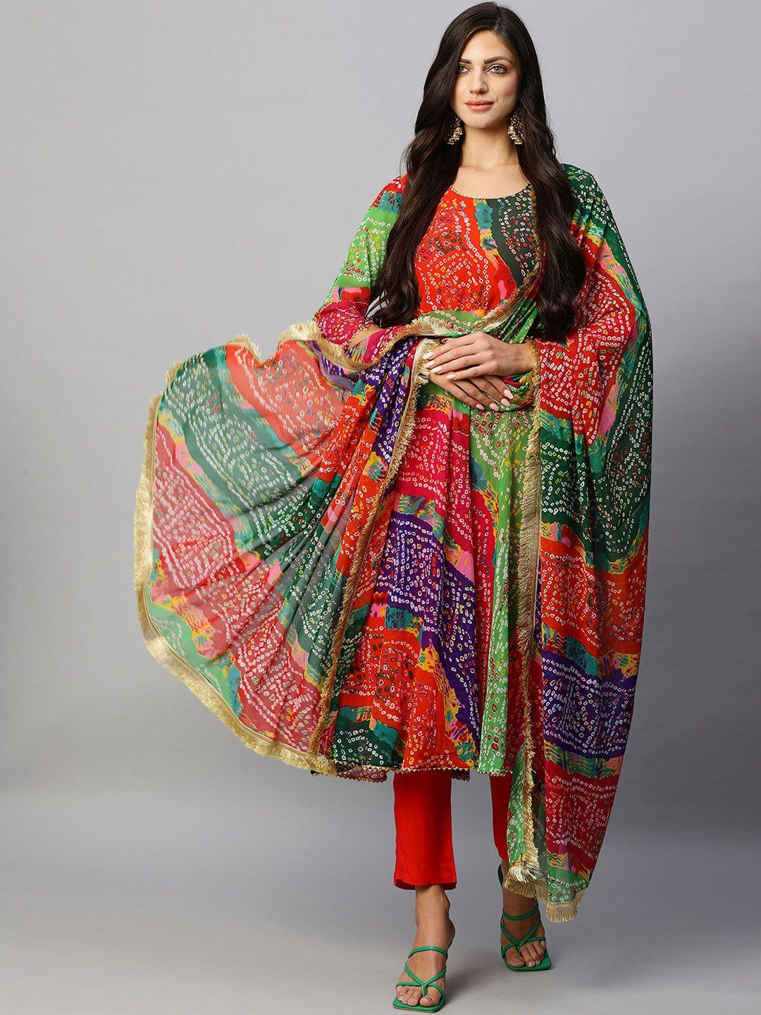 kalini bandhani printed gotta patti anarkali kurta & trousers with dupatta