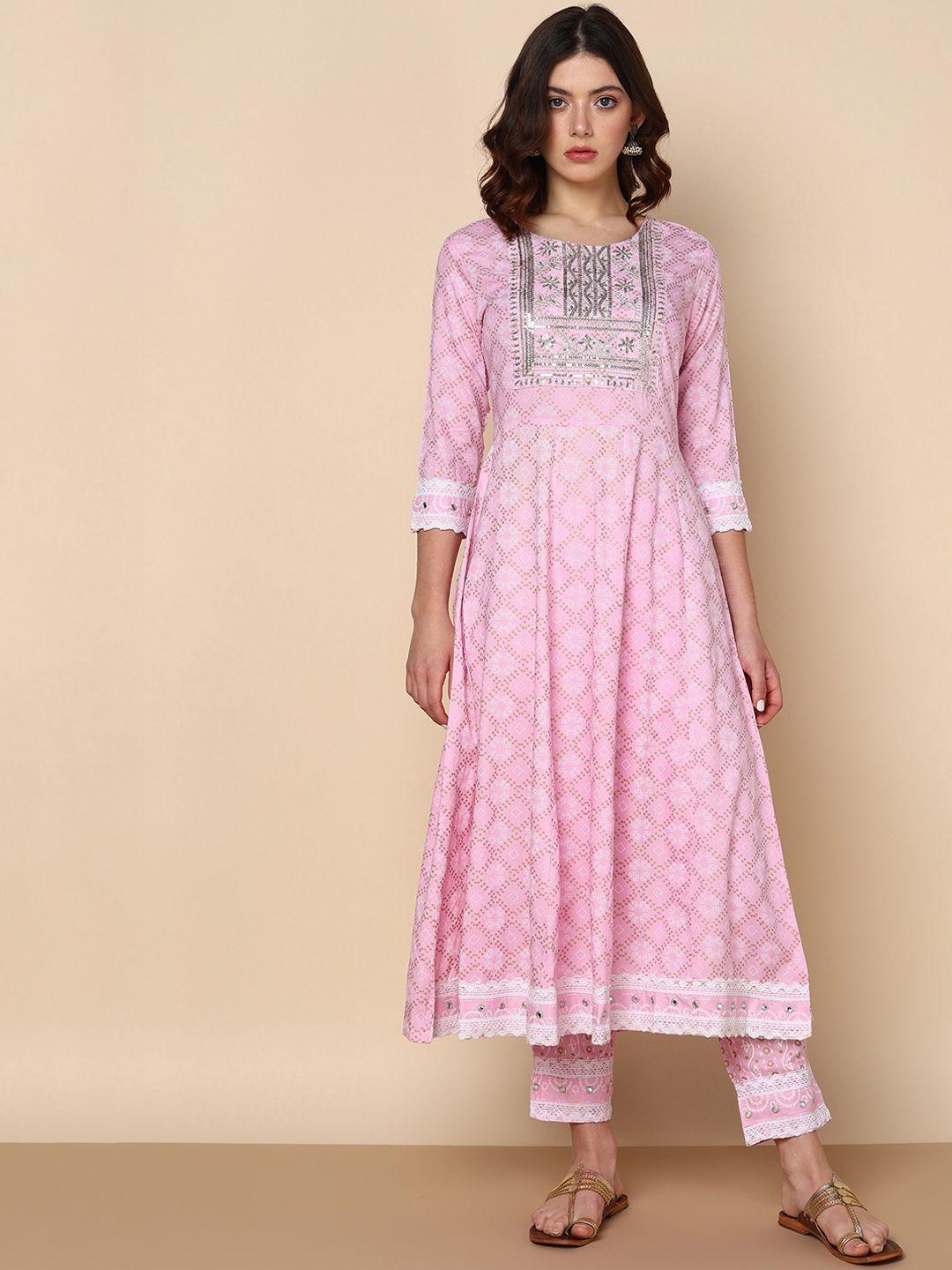 maaesa bandhani printed sequinned anarkali kurta with trousers & dupatta