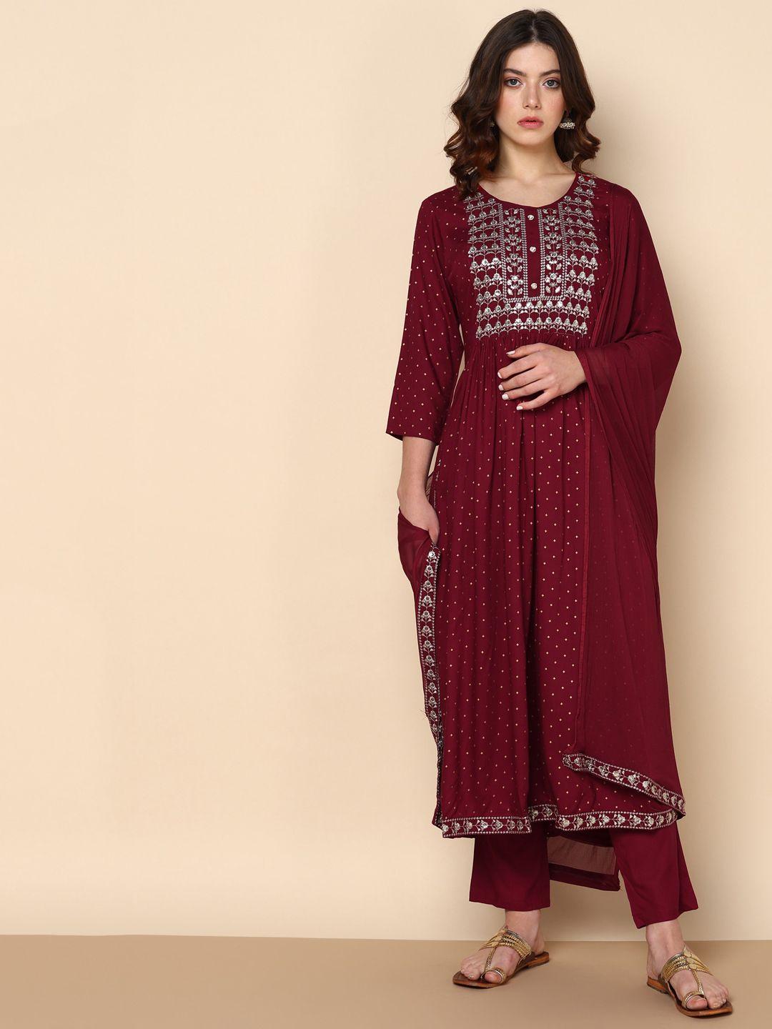 maaesa floral embroidered pleated kurta with palazzos & dupatta