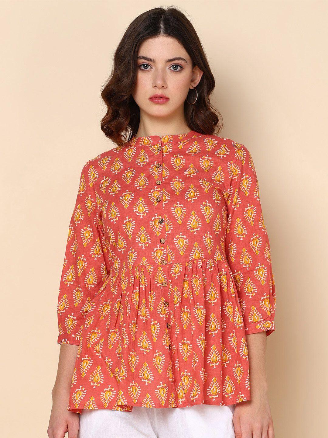 maaesa ethnic motifs mandarin collar cotton a-line top