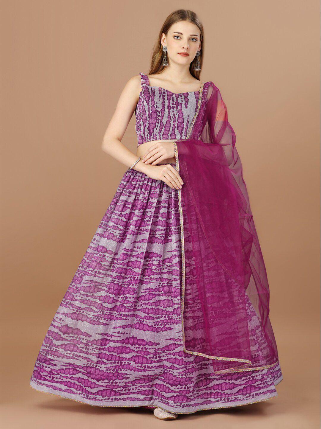 amrutam fab purple & white printed semi-stitched lehenga & unstitched blouse with dupatta