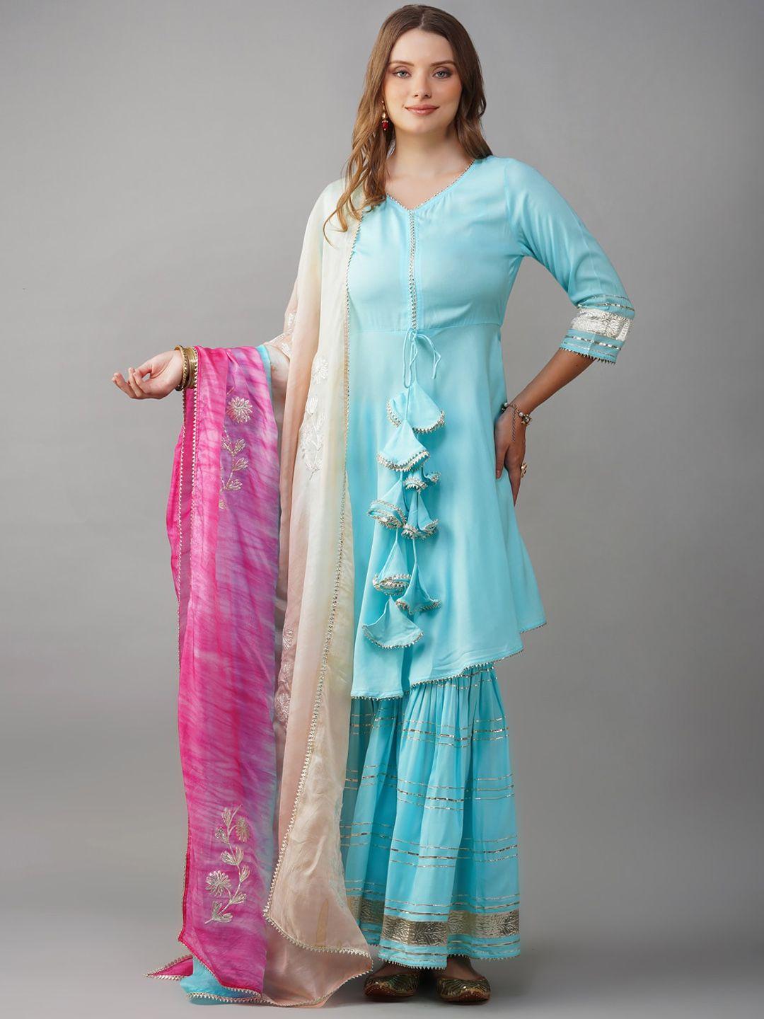 metro-fashion v-neck gotta patti a-line kurta with sharara & dupatta