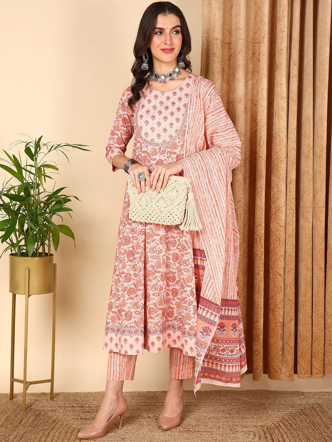 ahika peach-coloured floral printed a-line pure cotton kurta with trousers & dupatta