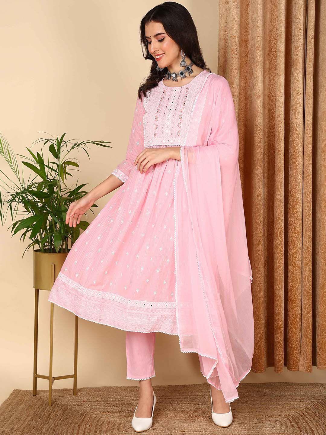 ahika pink ethnic embroidered a-line mirror work cotton kurta with trousers &  dupatta