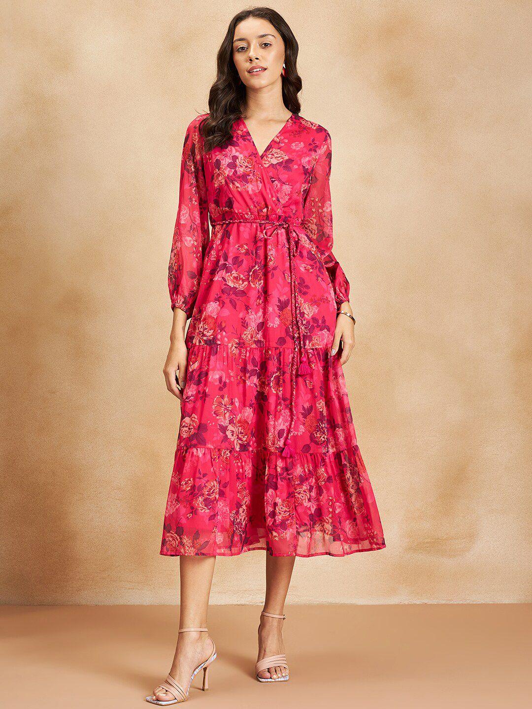 femella floral printed v-neck cuffed sleeves tie-ups & tiered detail wrap  midi dress