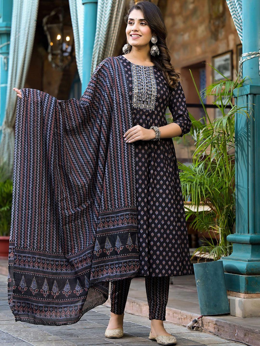 yufta ethnic printed empire thread work pure cotton kurta with trousers & dupatta