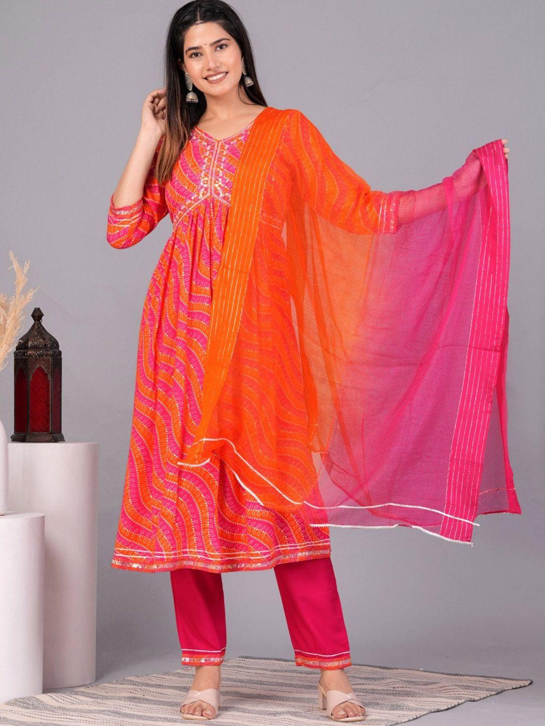 unisets bandhani printed empire kurta & trousers with dupatta