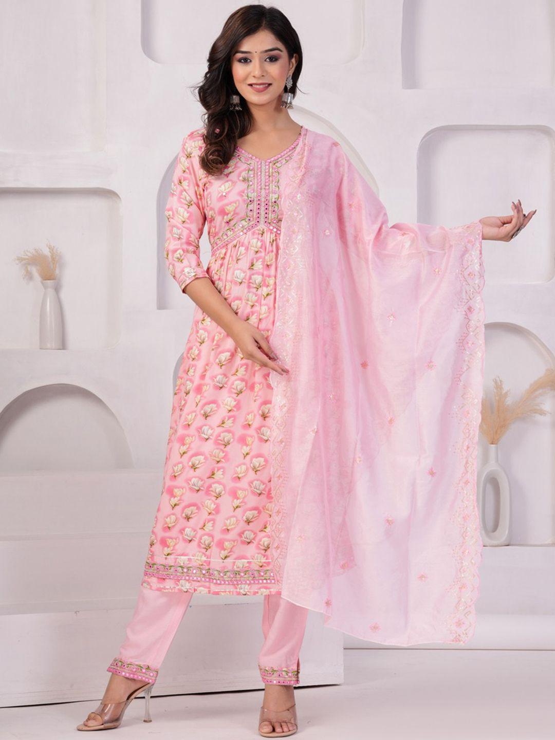 unisets floral printed empire mirror work kurta & pyjamas with dupatta