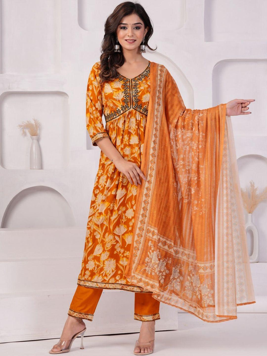 unisets floral printed empire thread work kurta & trousers with dupatta