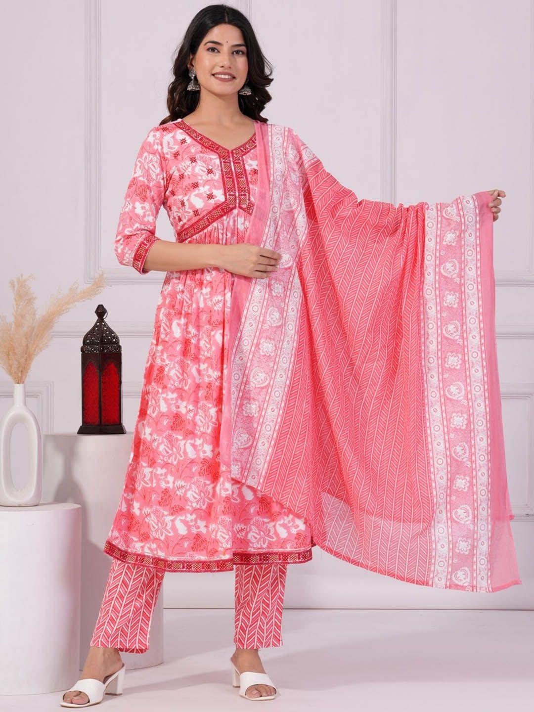 unisets floral printed empire thread work kurta & trousers with dupatta