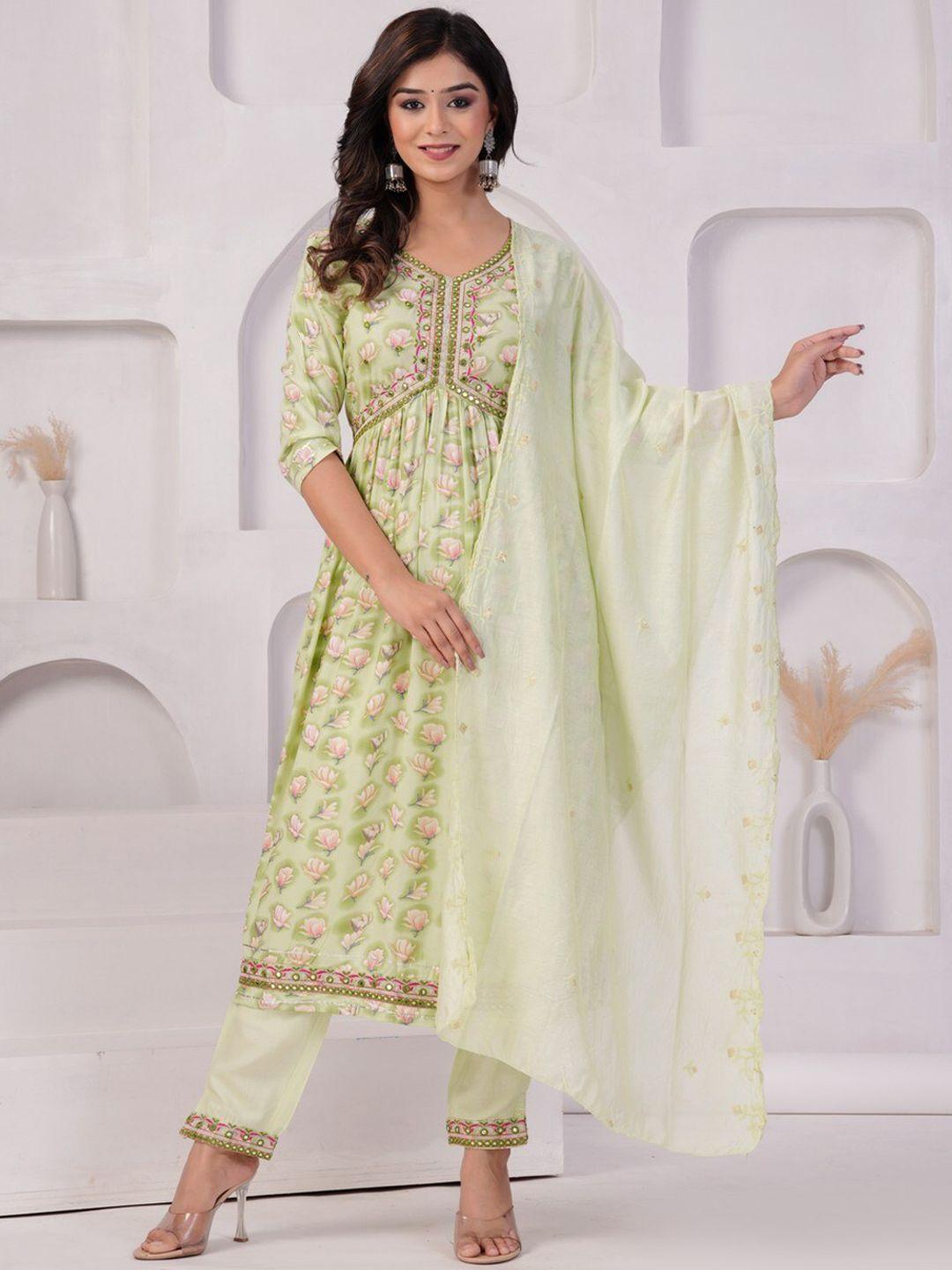 unisets floral printed empire kurta with trousers & dupatta