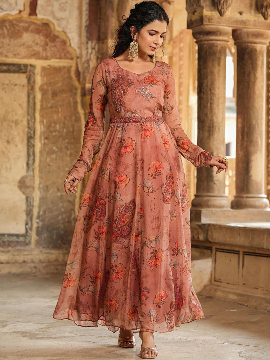 scakhi floral printed sequined silk a line ethnic dress with belt