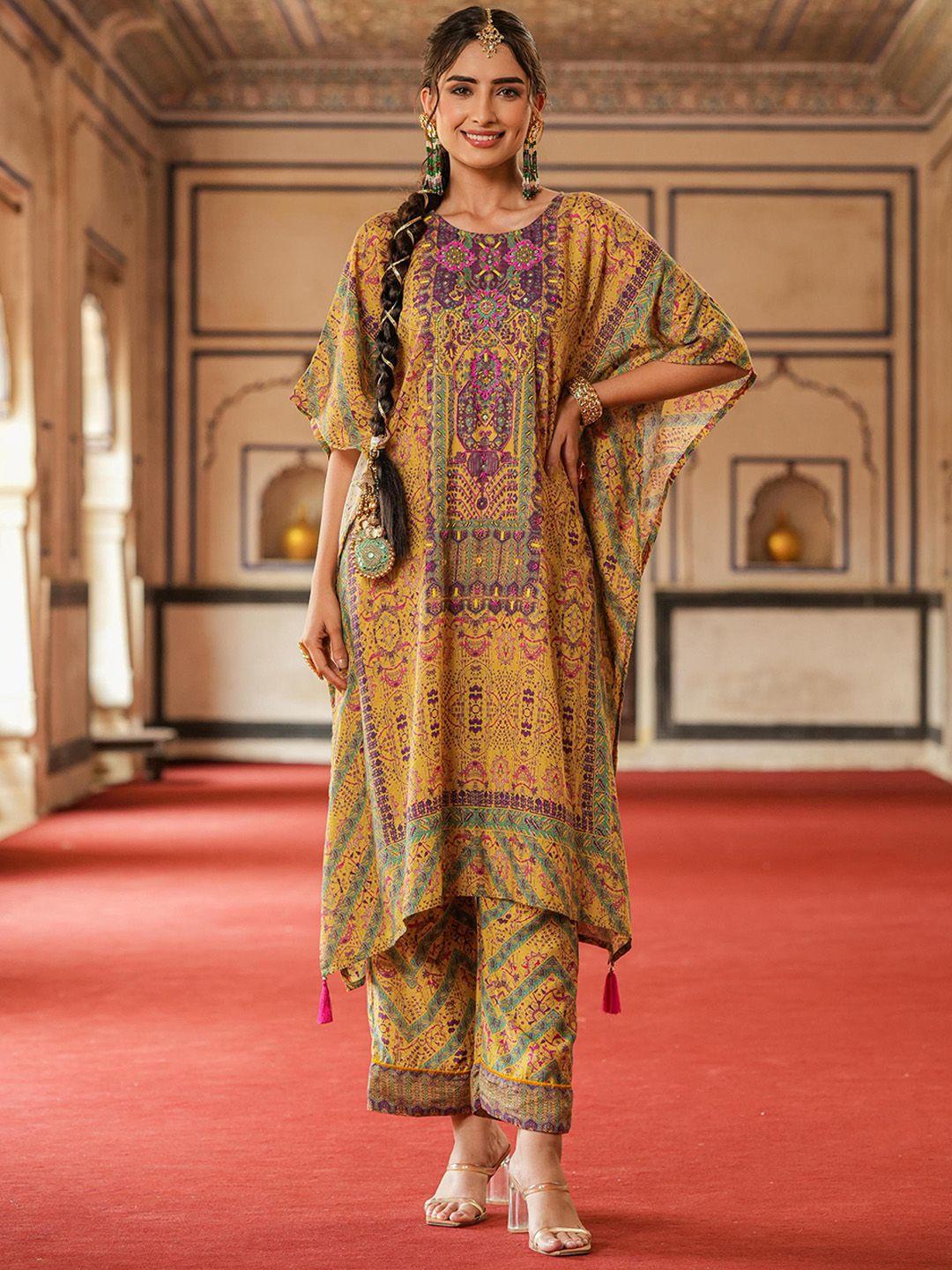 scakhi ethnic motifs printed beads & stones kaftan kurta with palazzos