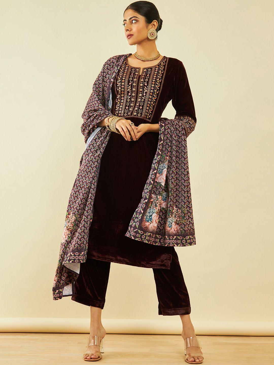 soch brown floral embroidered regular velvet straight kurta & trousers with dupatta